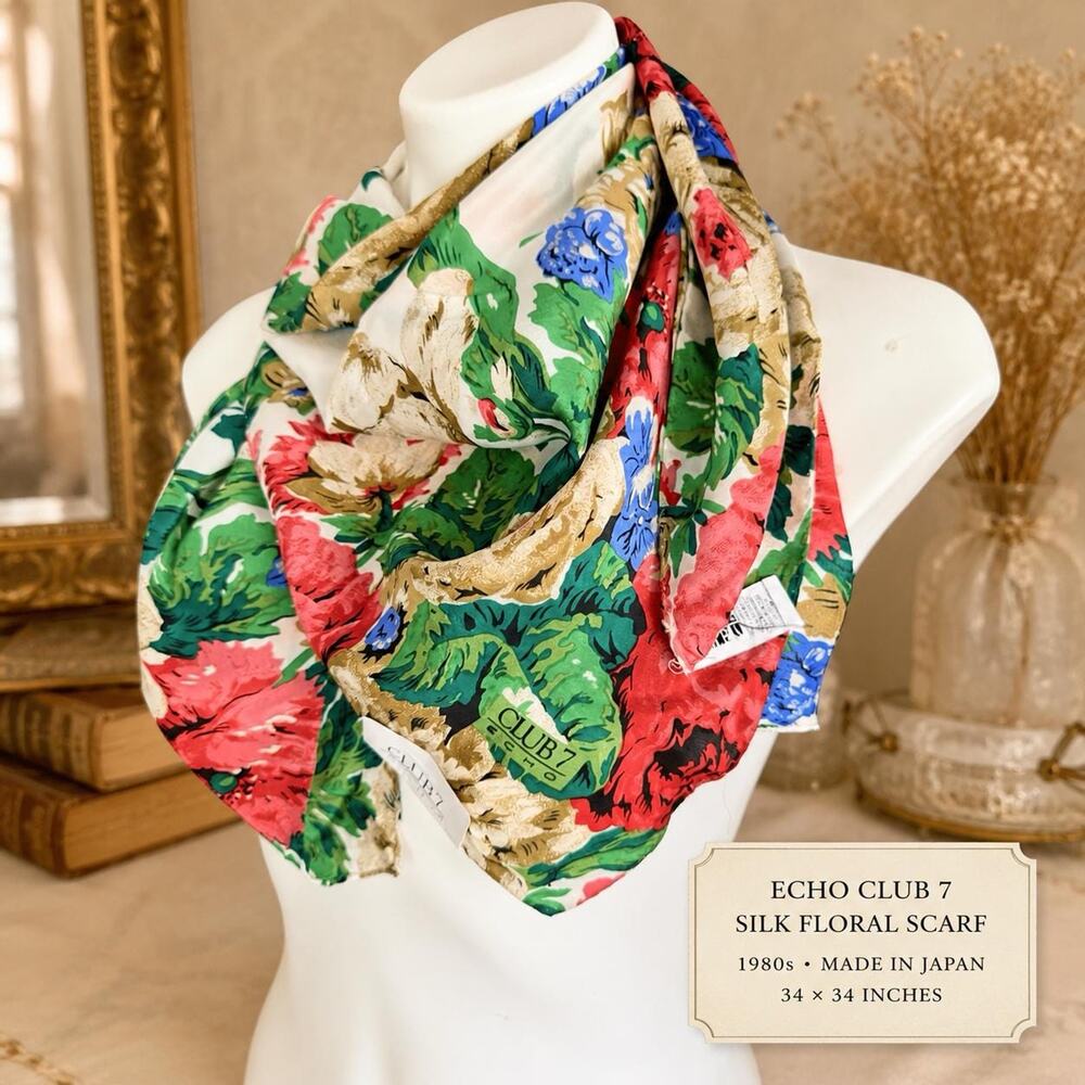 Vintage Echo Club 7 Silk Floral Scarf 1980s NWT Made in Japan 34x34